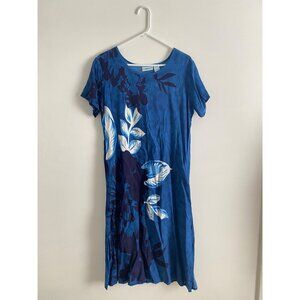 Women’s Vintage Blue Floral Short Sleeve Midi Dress By National Size L